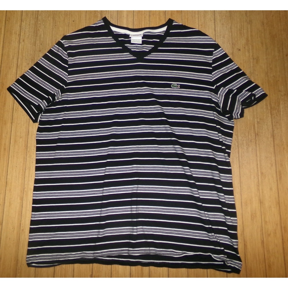 Lacoste Mens V-Neck T-Shirt Black White Striped Regular Fit Logo Tee Size 7 LRG